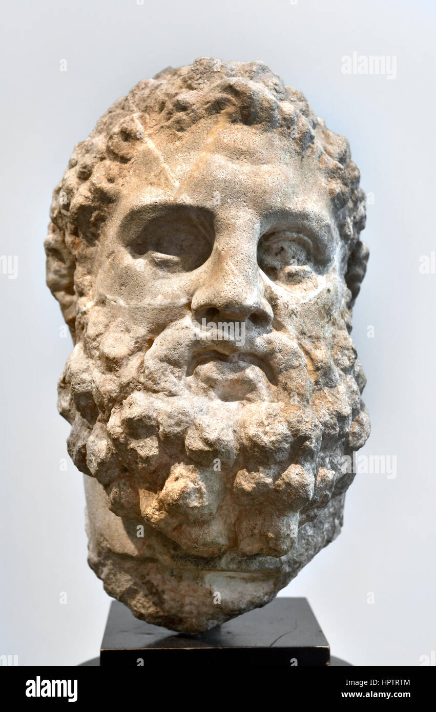 Herakles as Pugilist, the smaller than life-size head originates from a statue that represented the Greek hero as a pugilist, 200-150 BC, Stock Photo