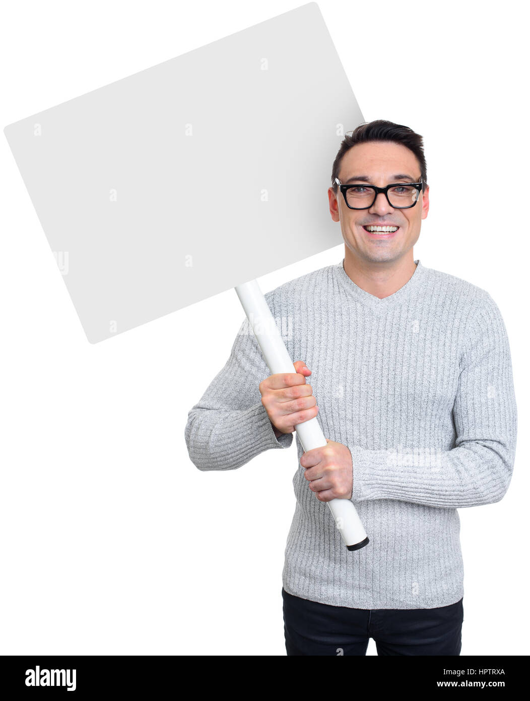 Smiling young casual man holding white sign to write it on your text. Isolated on white background Stock Photo