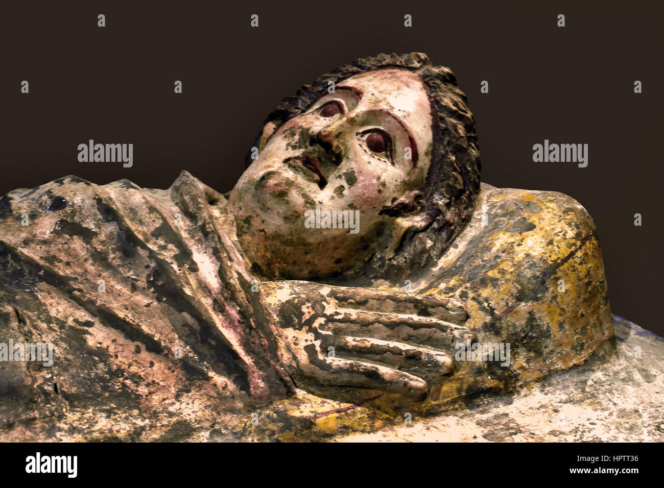 Tub Sarcophagus with lying woman Chiusi  Italy 150 - 100 BC , Etruscan,  Etruria, Tuscany,  ( detail only head ) Stock Photo