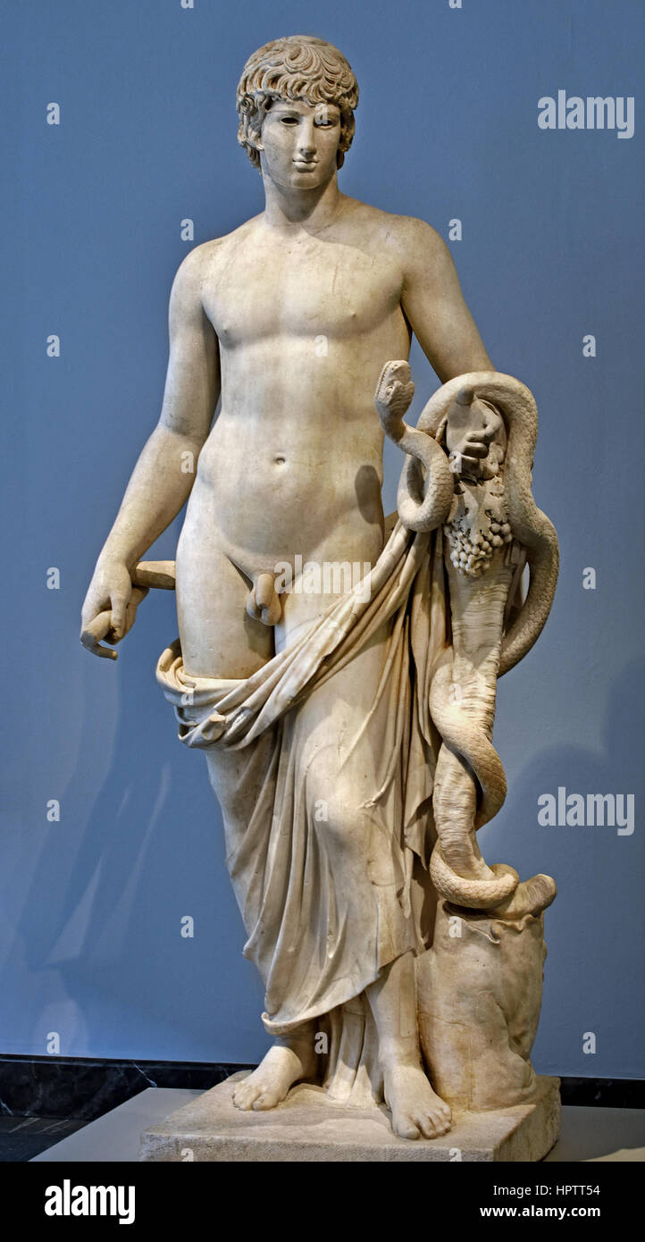 Antinous. Colossal statue with Cornucopia, Snake, and portrait of Stock ...