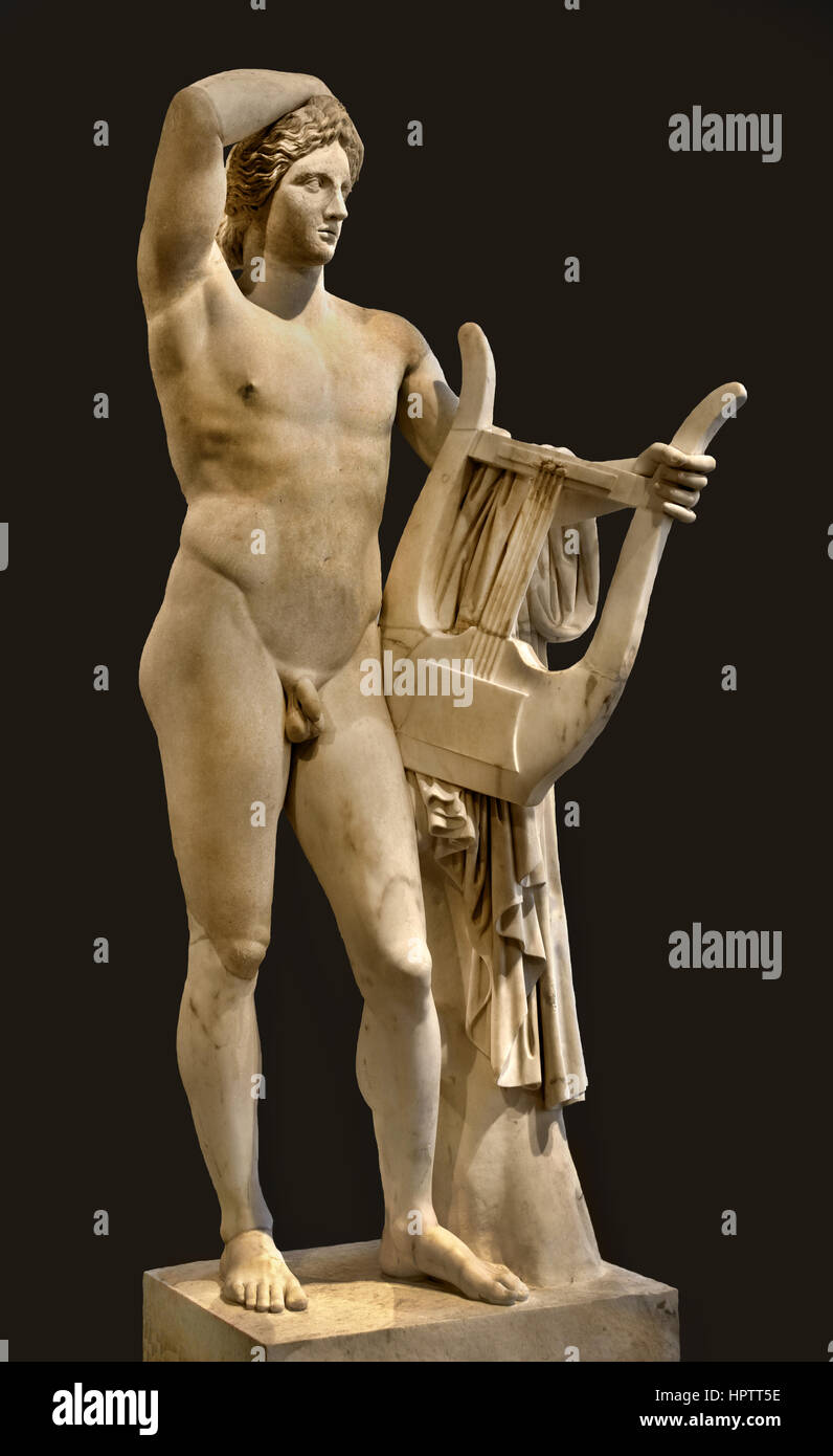 Statue of Apollo Lykeios Marble, Roman copy from around 140 BCHead and body of 2 different Roman copies was combined in the 18th C. The model was either an original created around 340 BC in the circle around Praxiteles or a Hellenistic remodeling from the time around 150 BC. Stock Photo