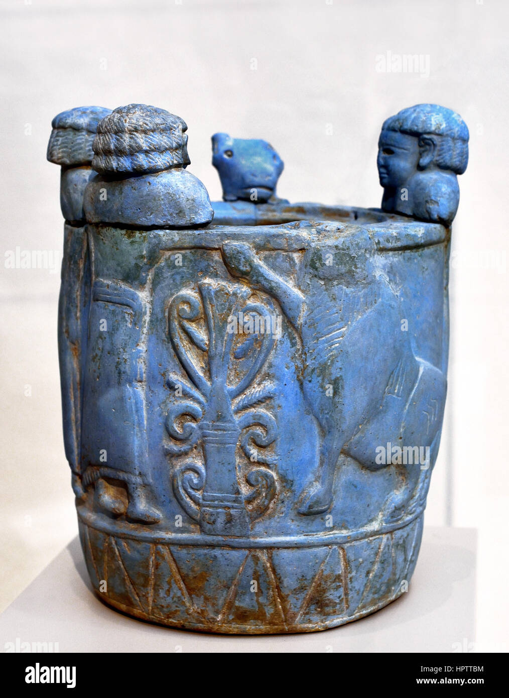 Faience Relief Pyxis made out of 'Egyptian blue'. Important to Italy from northern Syria. Produced 750-700 BC. Stock Photo