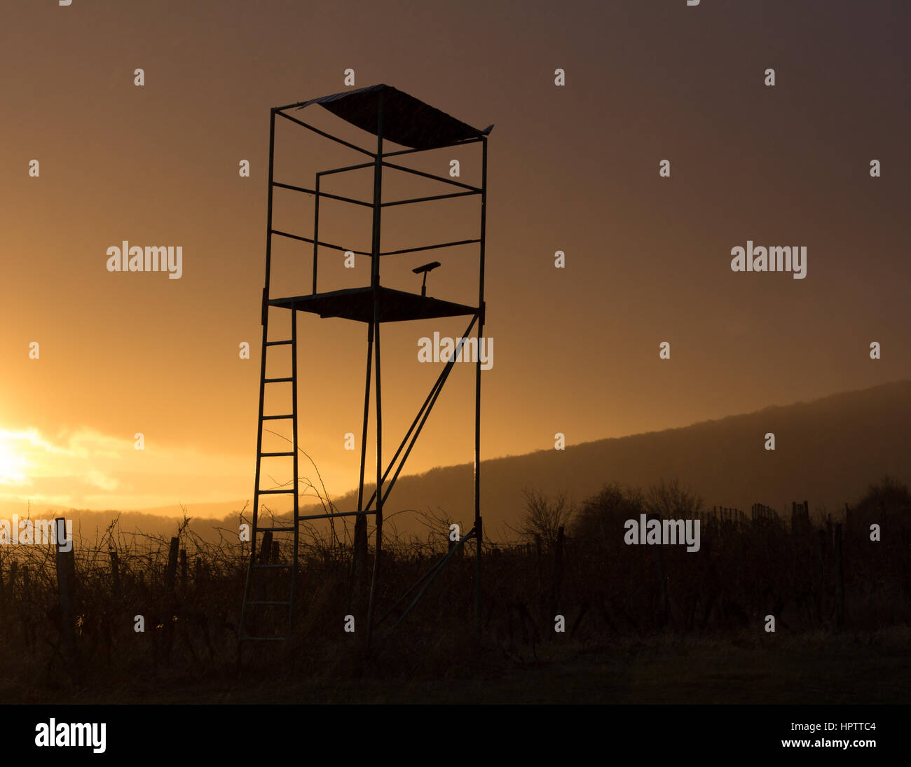 hunting tower silhouette in sunset Stock Photo