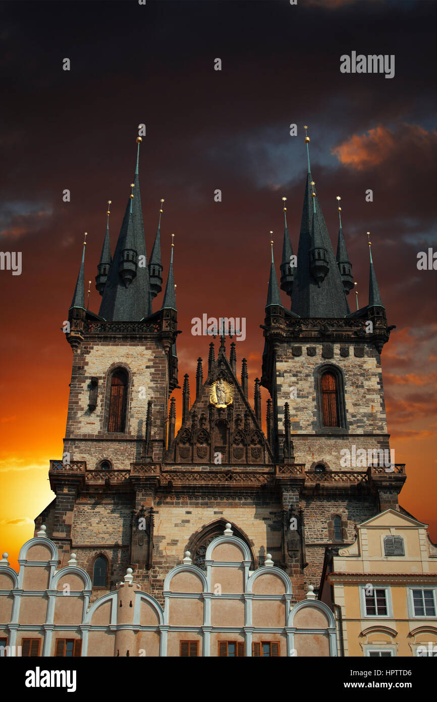 Prague Old town square, Tyn Cathedral. under sunlight. Stock Photo