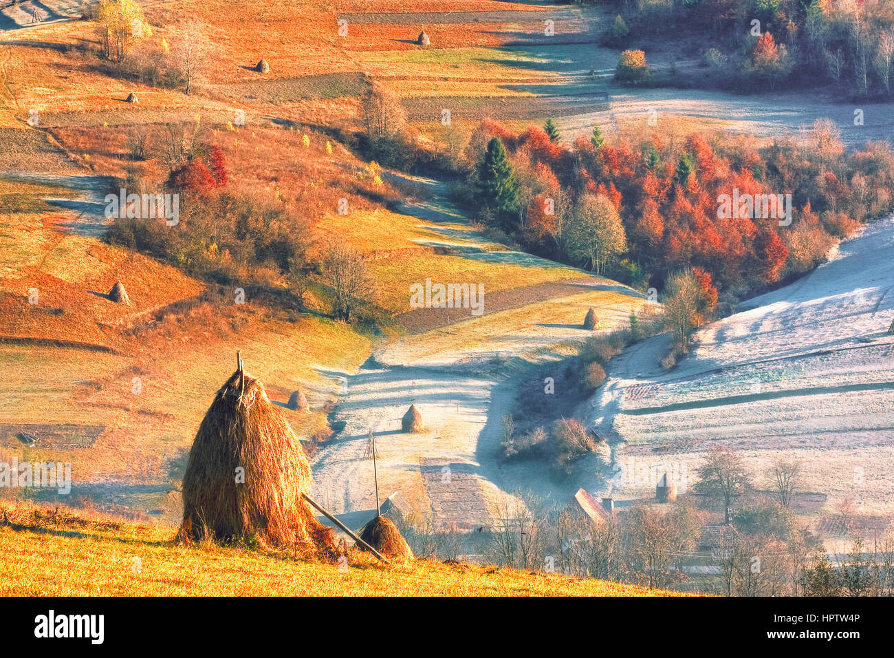 Panorama of autumn orange mountains valley Stock Photo