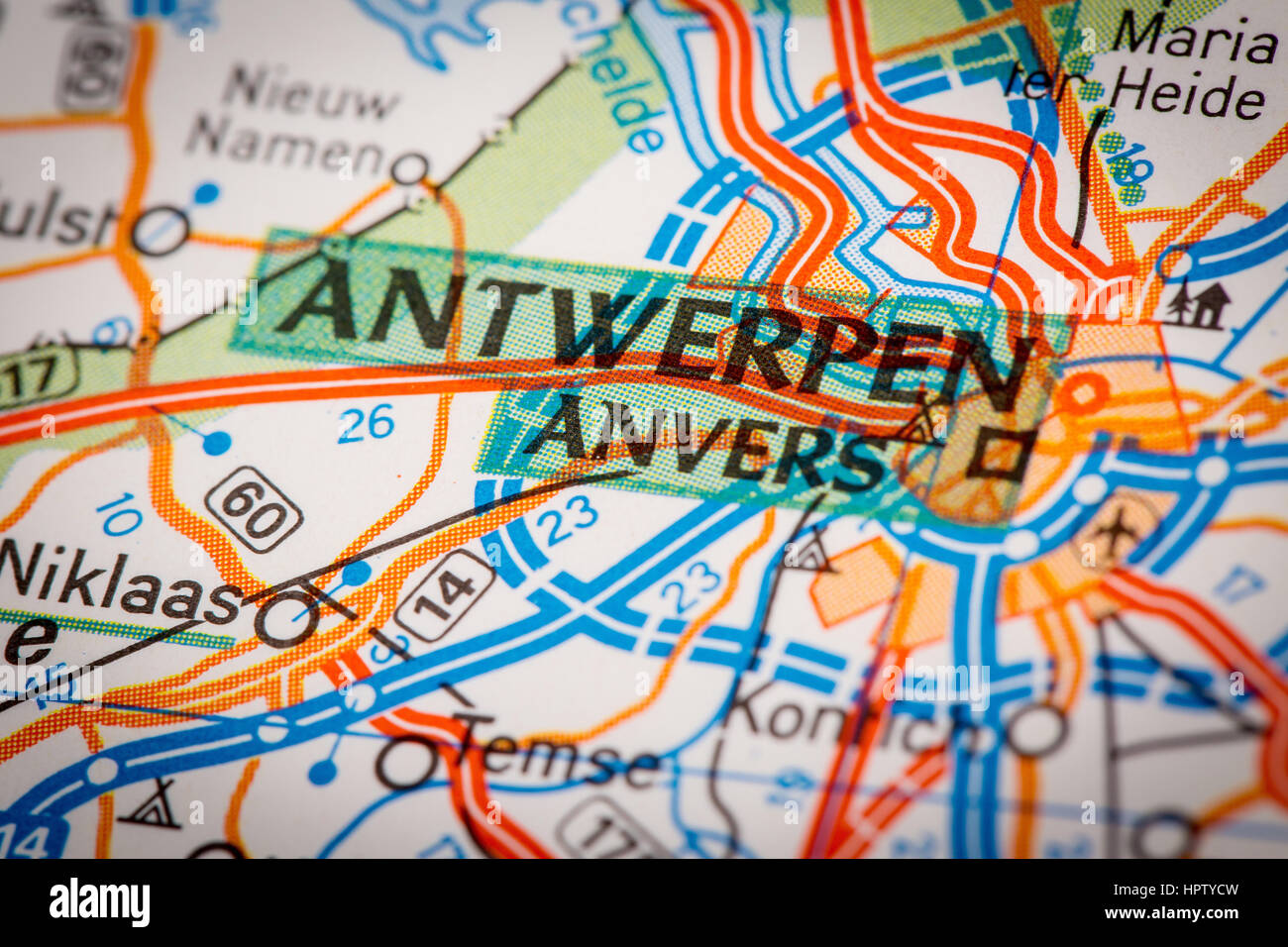 Map Photography: Antwerpen City on a Road Map Stock Photo