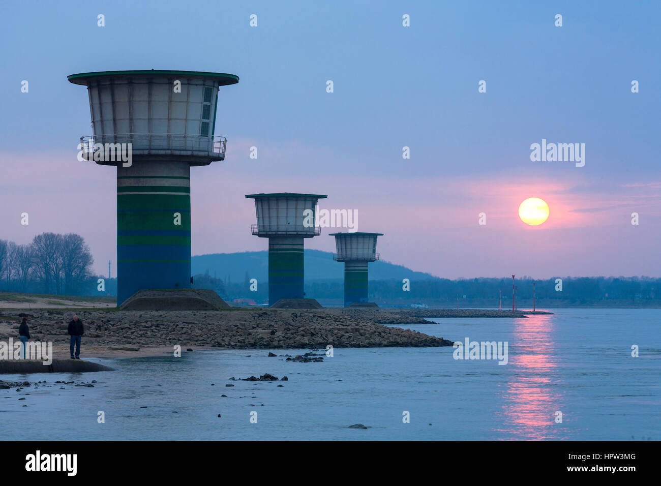 Germany, Duisburg-Bruckhausen, towers of the water intake point for the drinking water abstraction at the river Rhine. Stock Photo