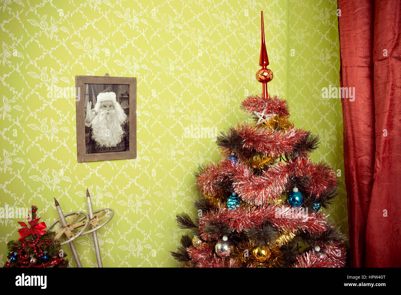 Close up of a room with vintage wallpaper and Christmas tree Stock ...