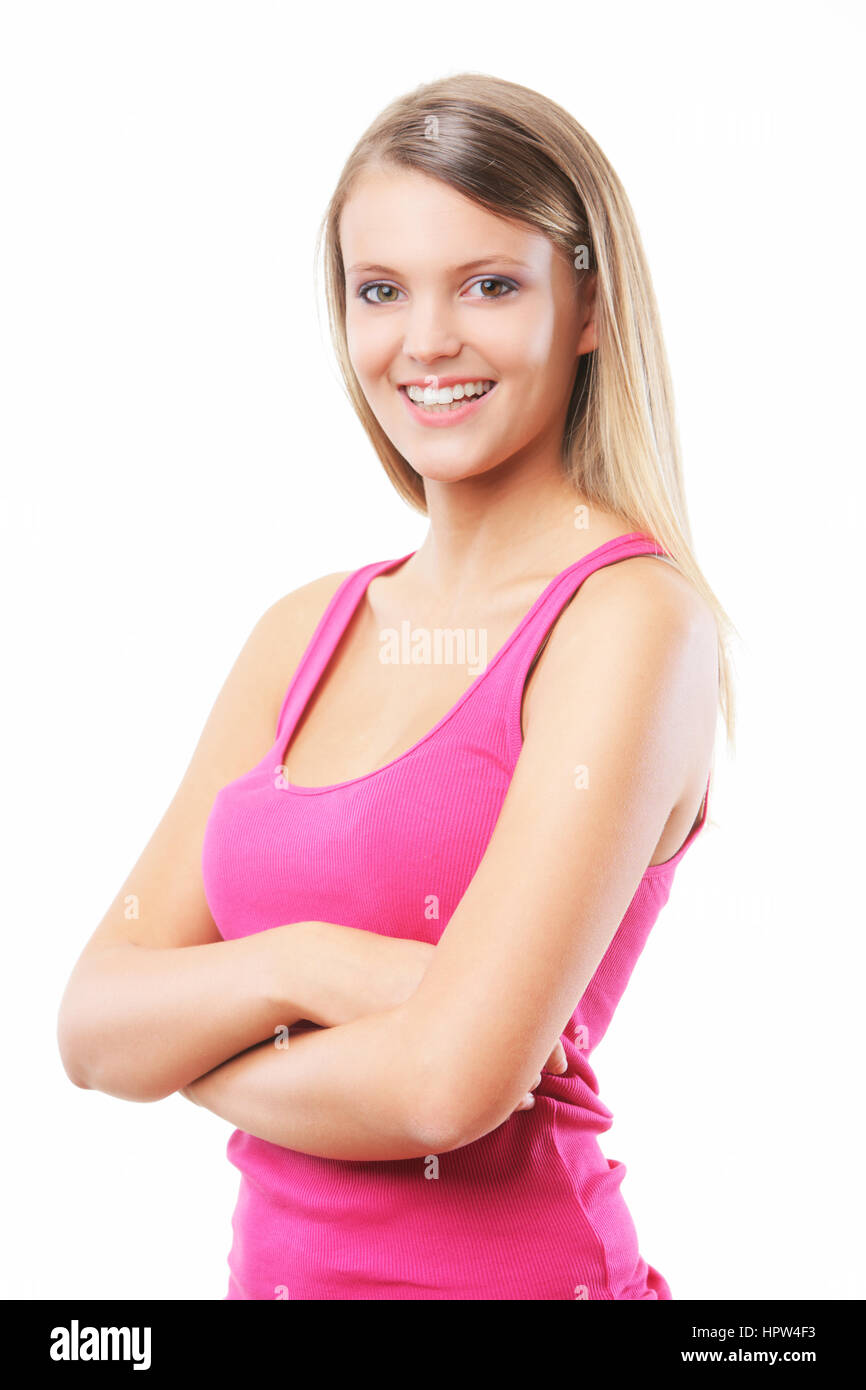 Beautiful girl folding her arms, smiling on a white background Stock
