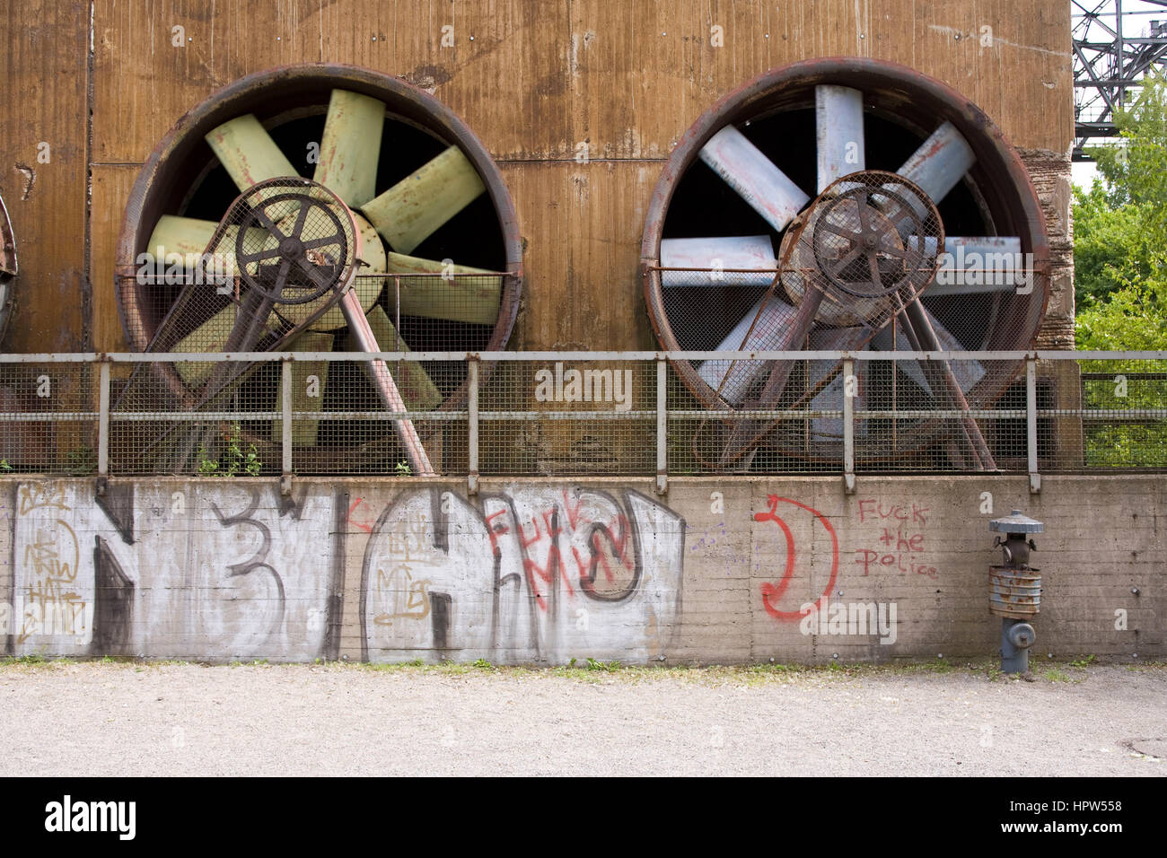 Germany, Duisburg, Duisburg-Nord Country Park, former Thyssen blast furnace works, ventilators for cooling the sewage water. Stock Photo