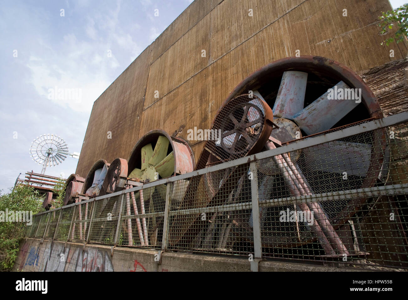 Germany, Duisburg, Duisburg-Nord Country Park, former Thyssen blast furnace works, ventilators for cooling the sewage water. Stock Photo