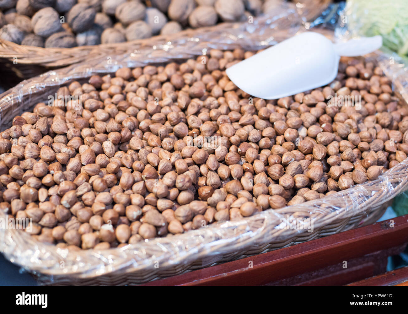 Hazelnuts are sold on the market. Dried fruits Stock Photo
