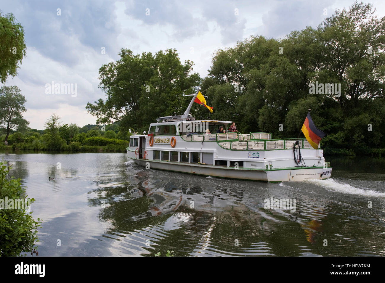 Europe, Germany, Muelheim at the river Ruhr, excursion boat on the river Ruhr. Stock Photo
