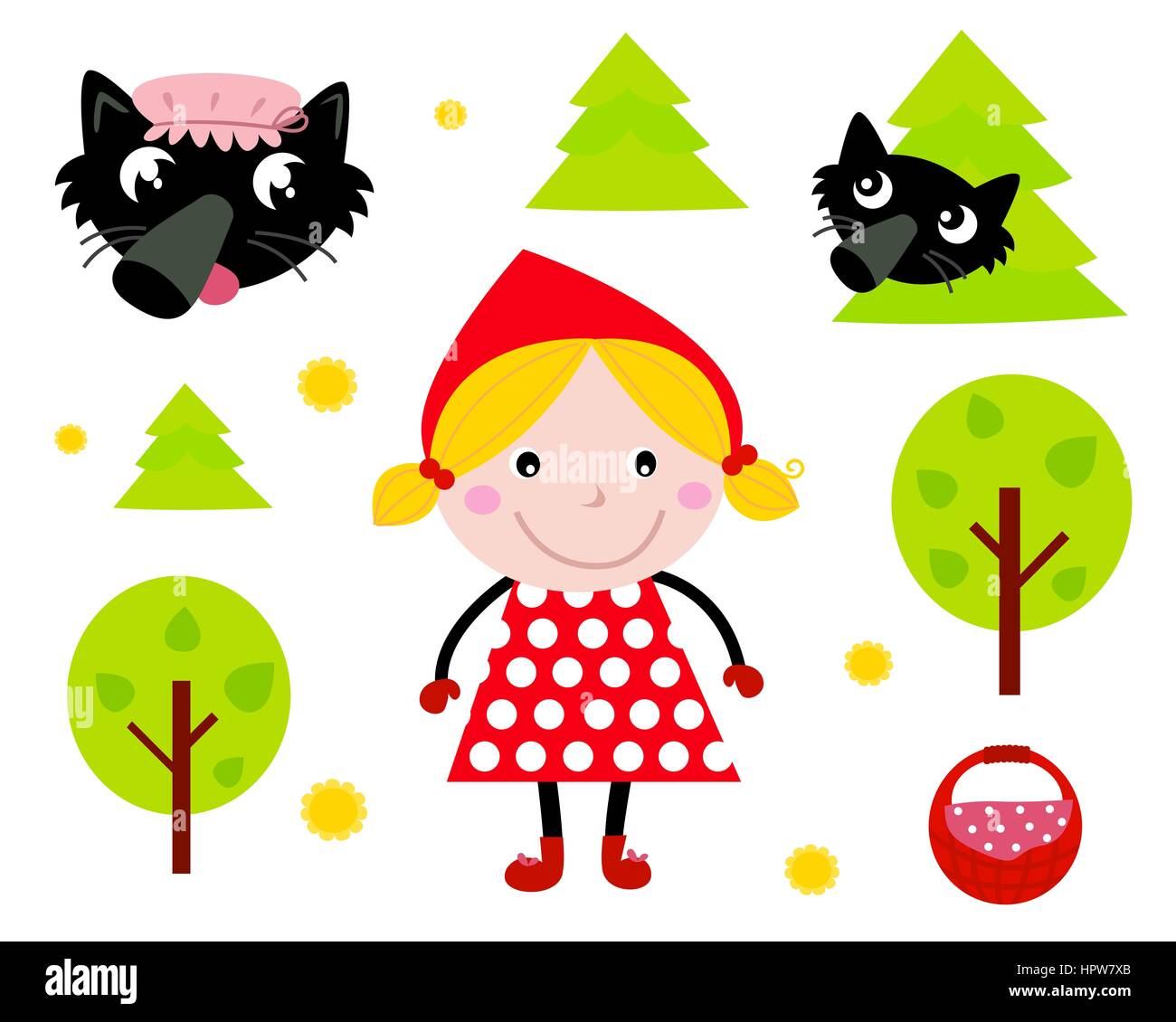 9884259 - red riding hood and wolf tale icons isolated on white. vector cartoon illustration. Stock Photo