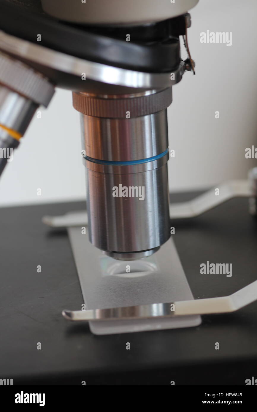 close-up-of-high-power-objective-lens-and-microscope-slide-stock-photo