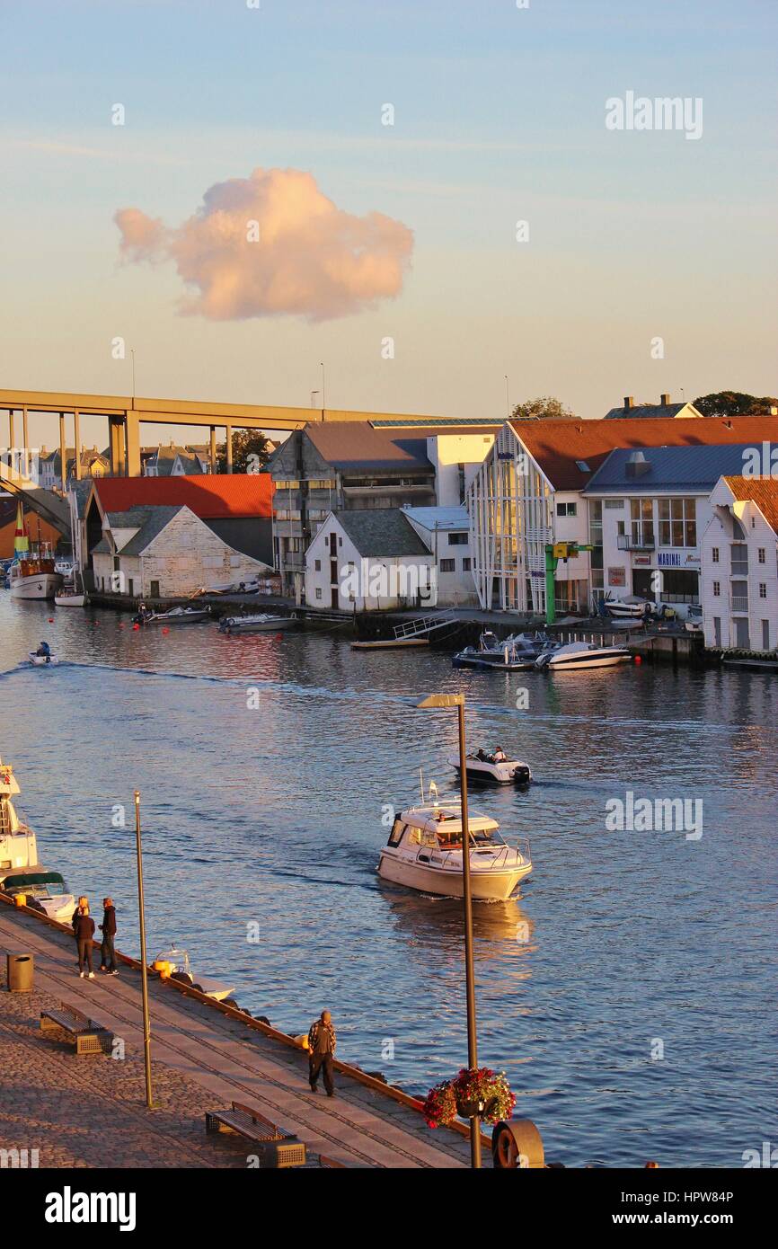 Haugesund, Norway: View of the island Risoy. The Smedasund strait and the Risoy bridge in evening light. Scandinavia, Europe. Stock Photo