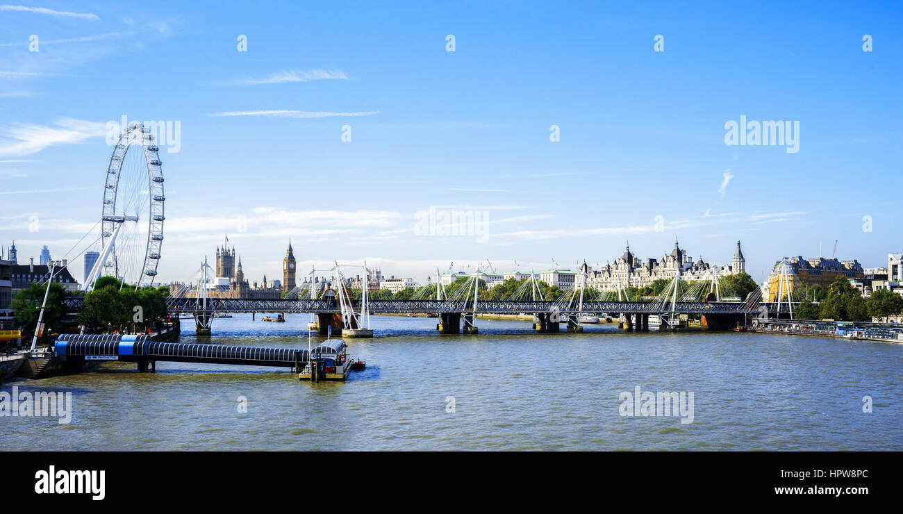Panoramic view across River Thames with view of the Millennium Wheel and the Houses of Parliament Stock Photo