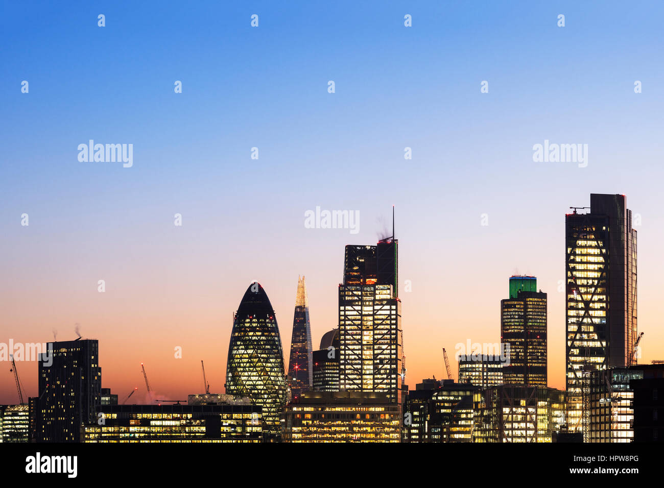 UK, London, Modern office buildings in the city with view of the Gherkin and the Shard Stock Photo