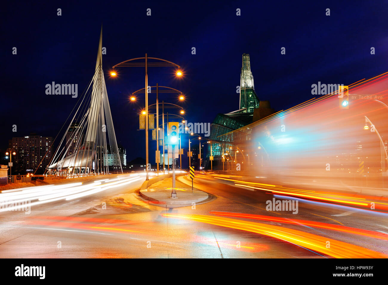 Winnipeg night, traffic on the Provencher Bridge. Stock Photo