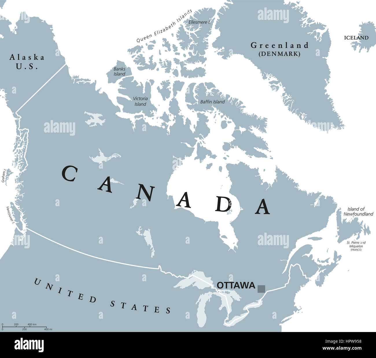 Canada political map with capital Ottawa, national borders and its neighbors. Country in northern half of North America. Stock Photo