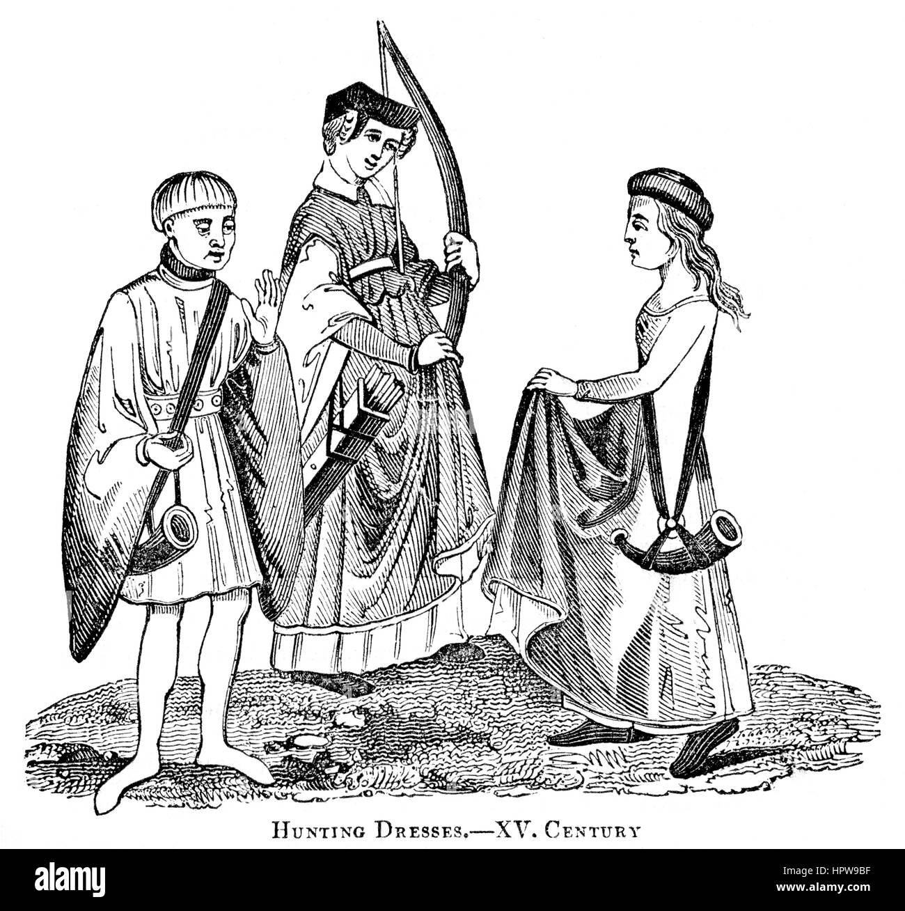 An illustration of Hunting Dresses in the 15th Century scanned at high resolution from a book printed in 1831. Believed copyright free. Stock Photo