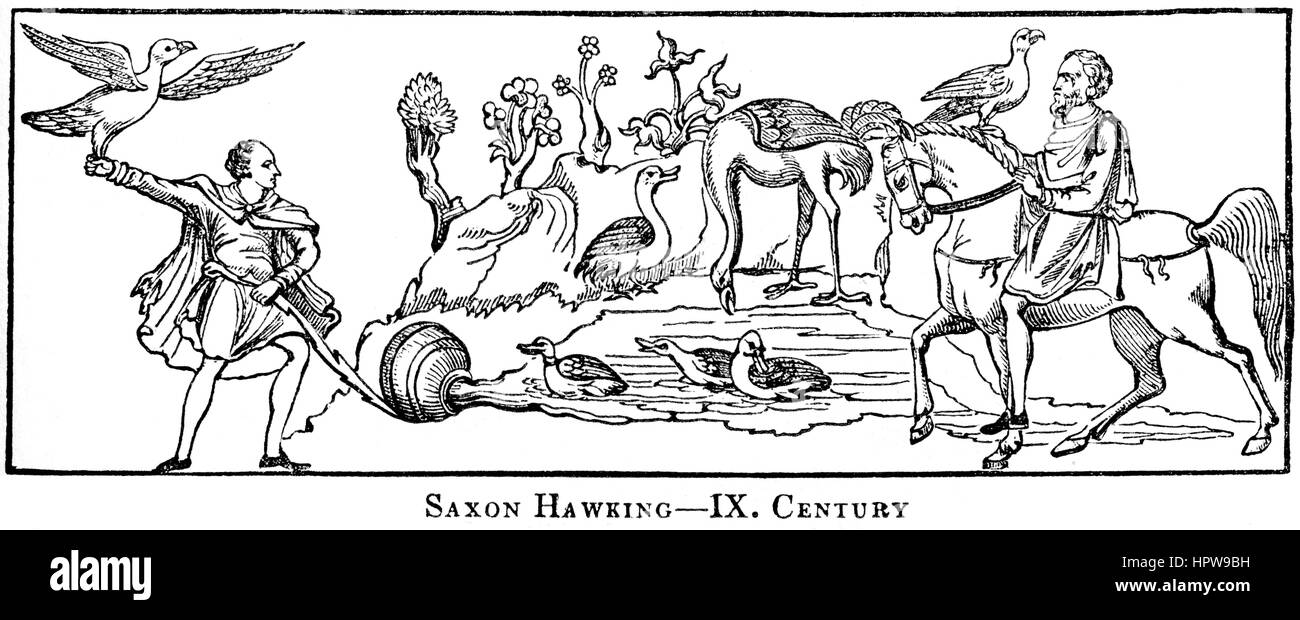 An illustration of Saxon Hawking in the 9th Century scanned at high resolution from a book printed in 1831.  Believed copyright free. Stock Photo