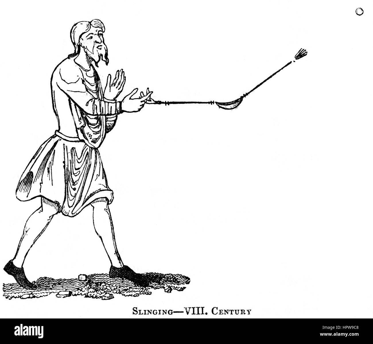 An illustration of Slinging in the 8th Century scanned at high resolution from a book printed in 1831.  Believed copyright free. Stock Photo