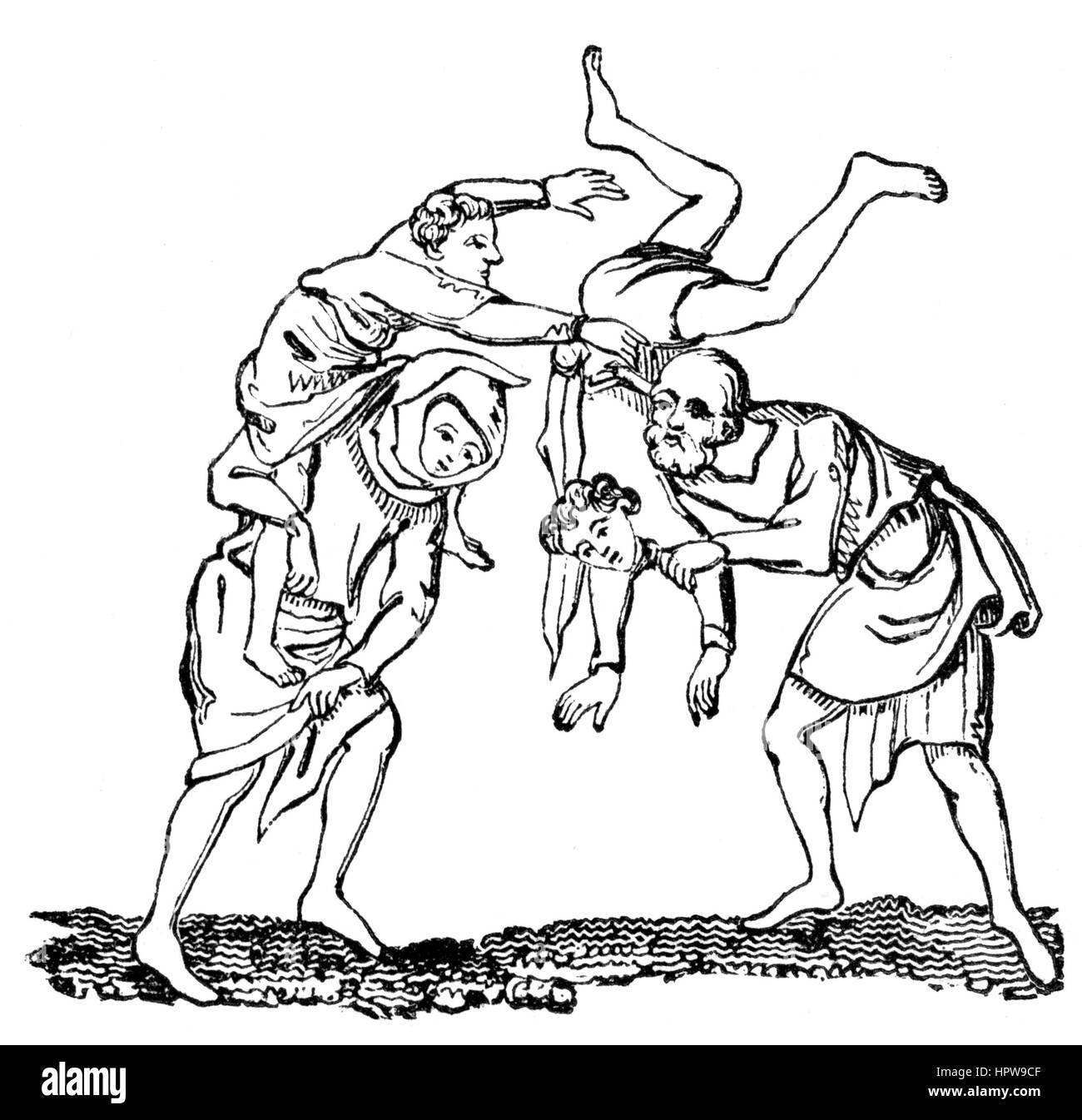 An illustration of Hippas Wrestling in the 14th Century scanned at high resolution from a book printed in 1831.  Believed copyright free. Stock Photo