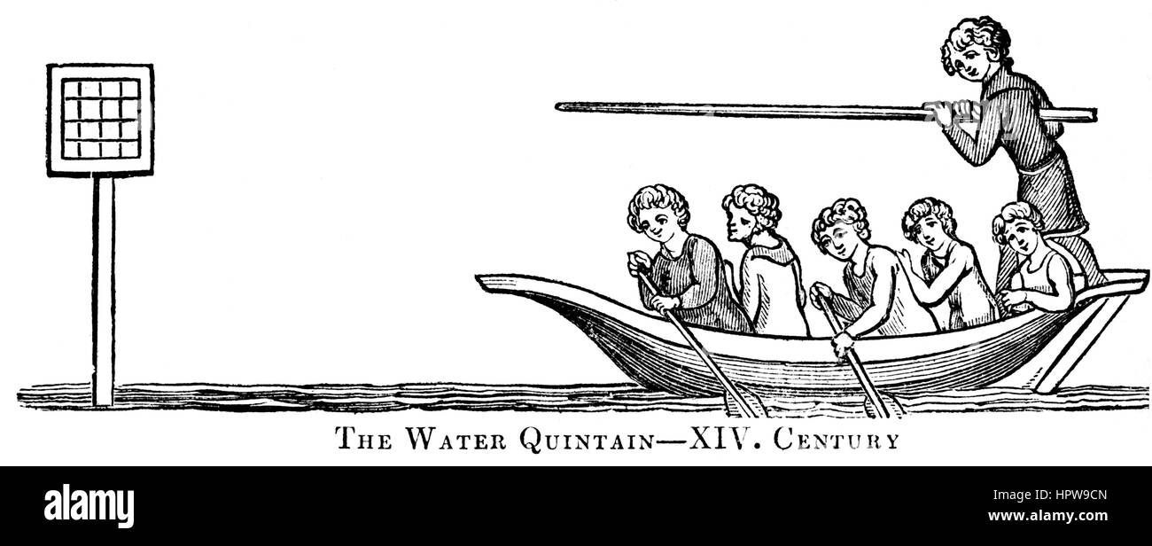 An illustration of The Water Quintain in the 14th Century scanned at high resolution from a book printed in 1831.  Believed copyright free. Stock Photo