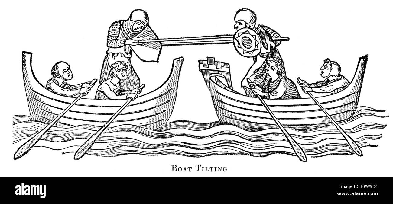An illustration of Boat Tilting in the 14th Century scanned at high resolution from a book printed in 1831. Believed copyright free. Stock Photo