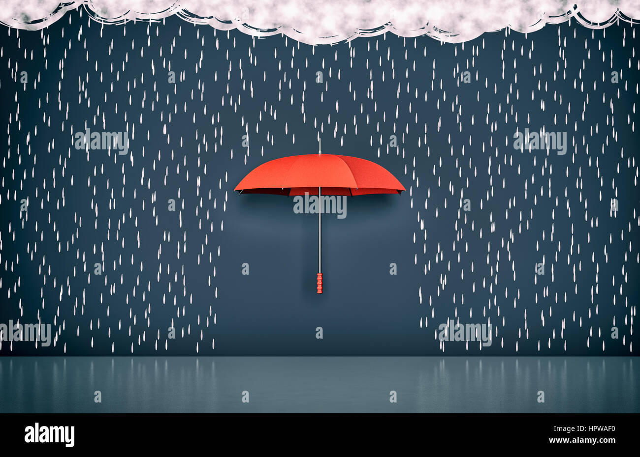 wall with the drawing of dark clouds, rain and one umbrella, concept of protection and security (3d render) Stock Photo