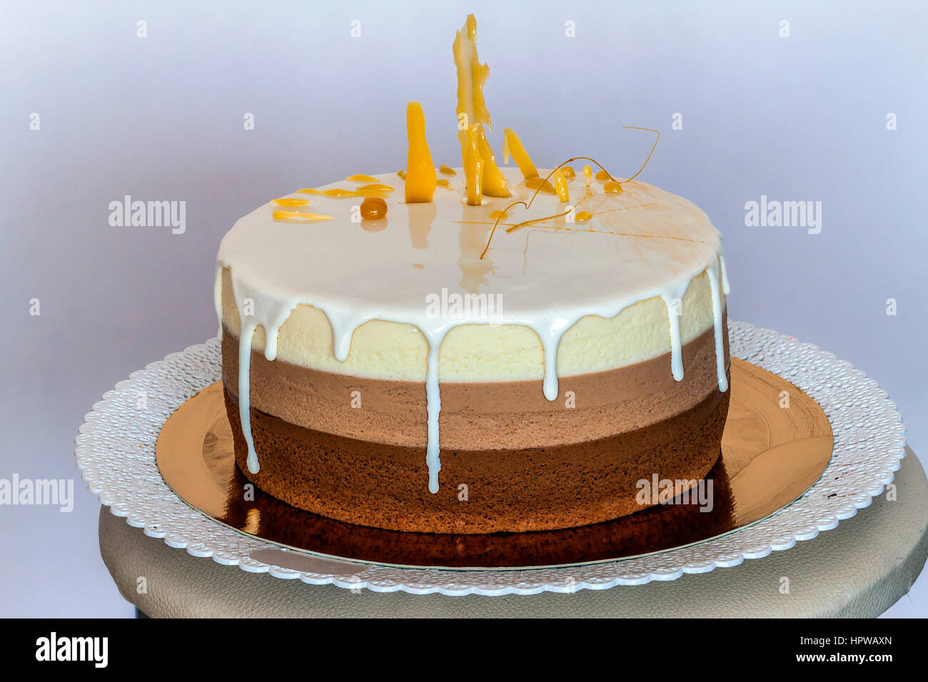 Delicious Homemade Chocolate Marble Birthday Cake Decorated With Colorful Stripes Stock Photo Alamy
