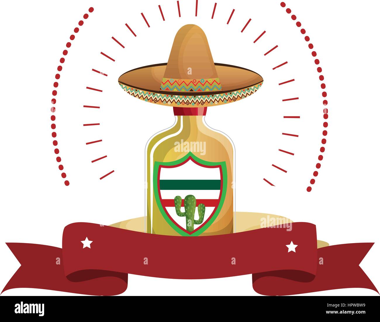 colorful arch bottle of tequila with mexican hat and ribbon Stock