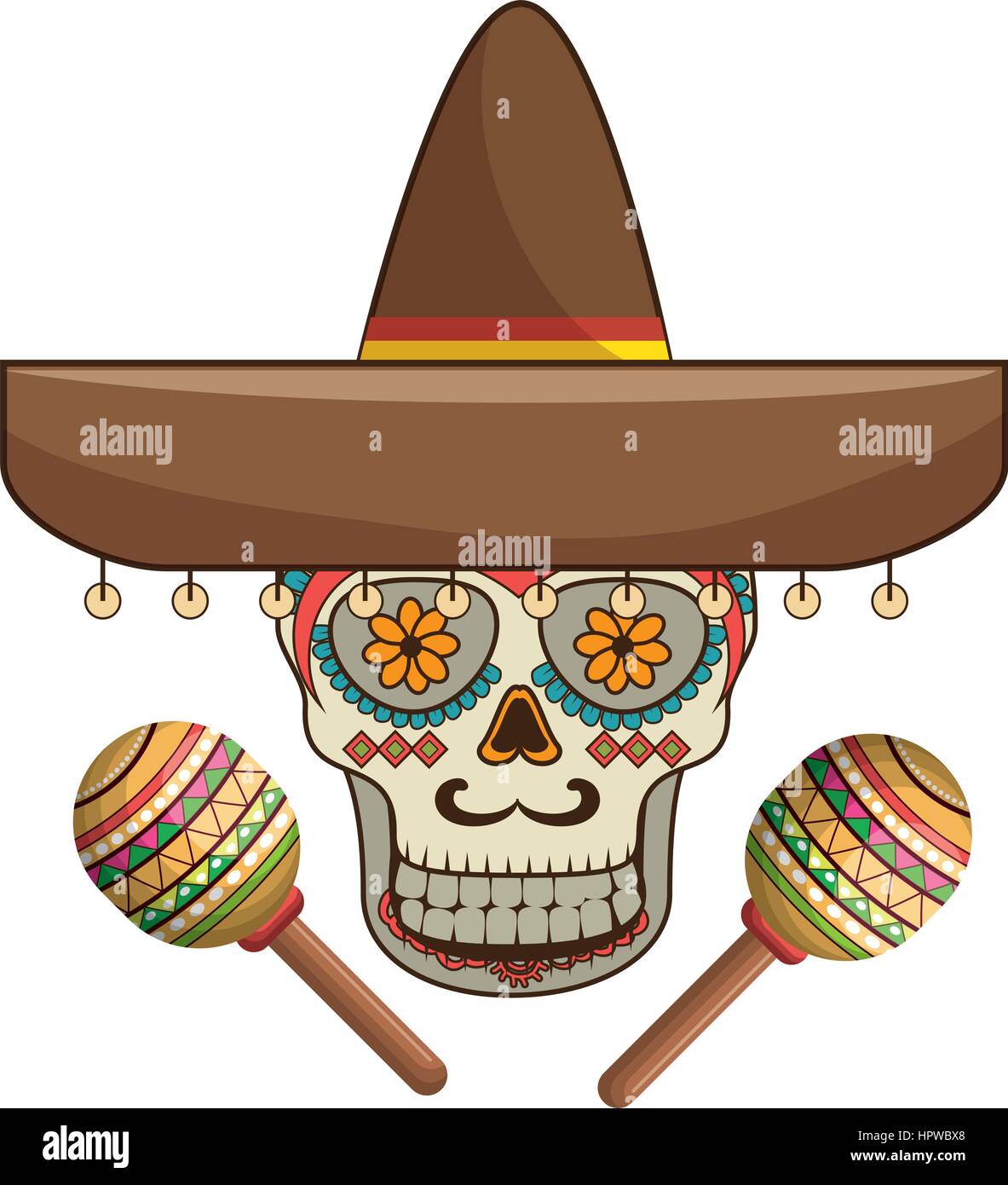 decorative ornamental sugar skull with mexican hat and maracas Stock ...