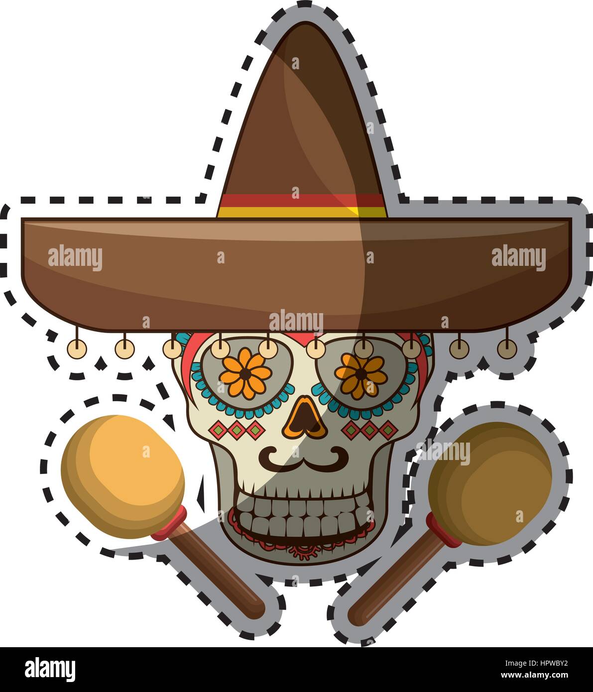 sticker decorative ornamental sugar skull with mexican hat and maracas ...