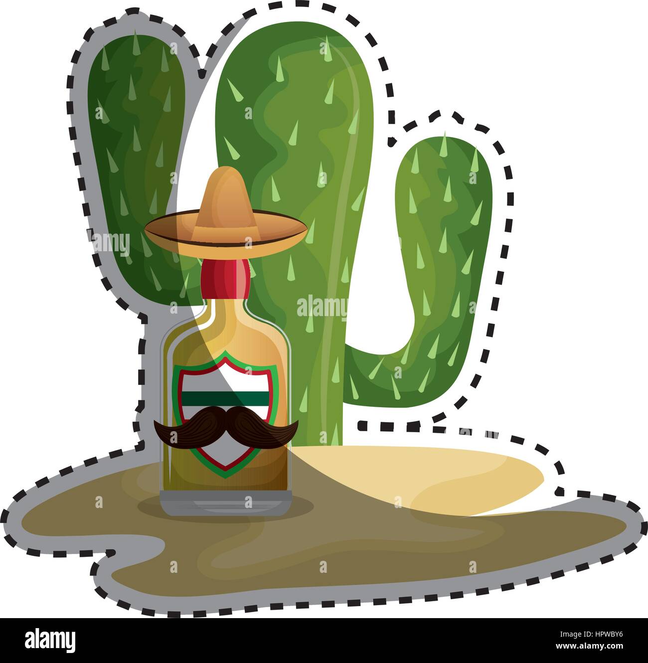 sticker background Cactus with bottle of tequila Stock Vector Image