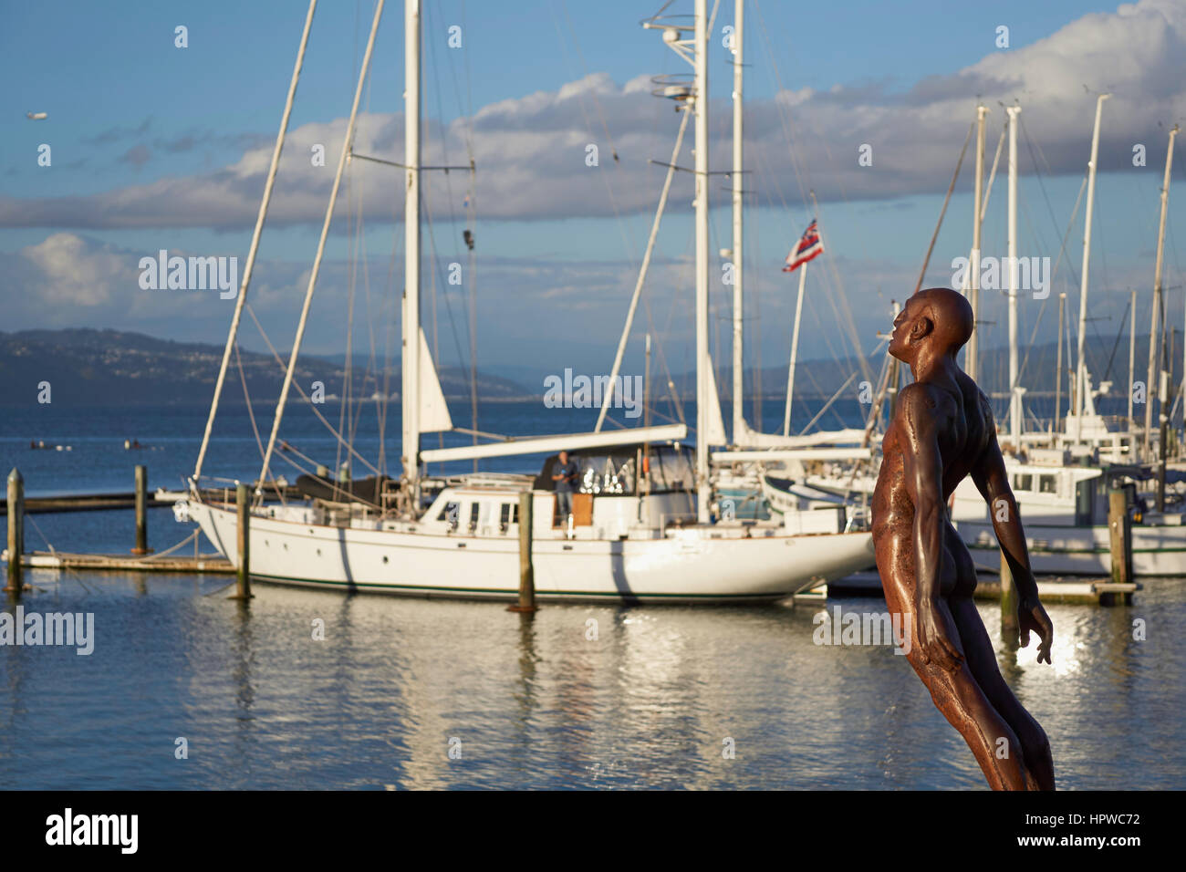 Statue on the Wellington waterfront art walk, with sail yachts behind - Max Patte's 'Solace of the Wind', New Zealand Stock Photo