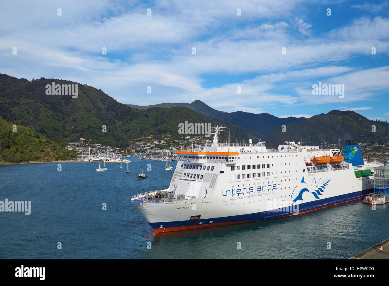 Interislander Cook Strait ferry between Wellington and Picton - docked in Picton in the beautiful Marlborough Sounds, New Zealand Stock Photo