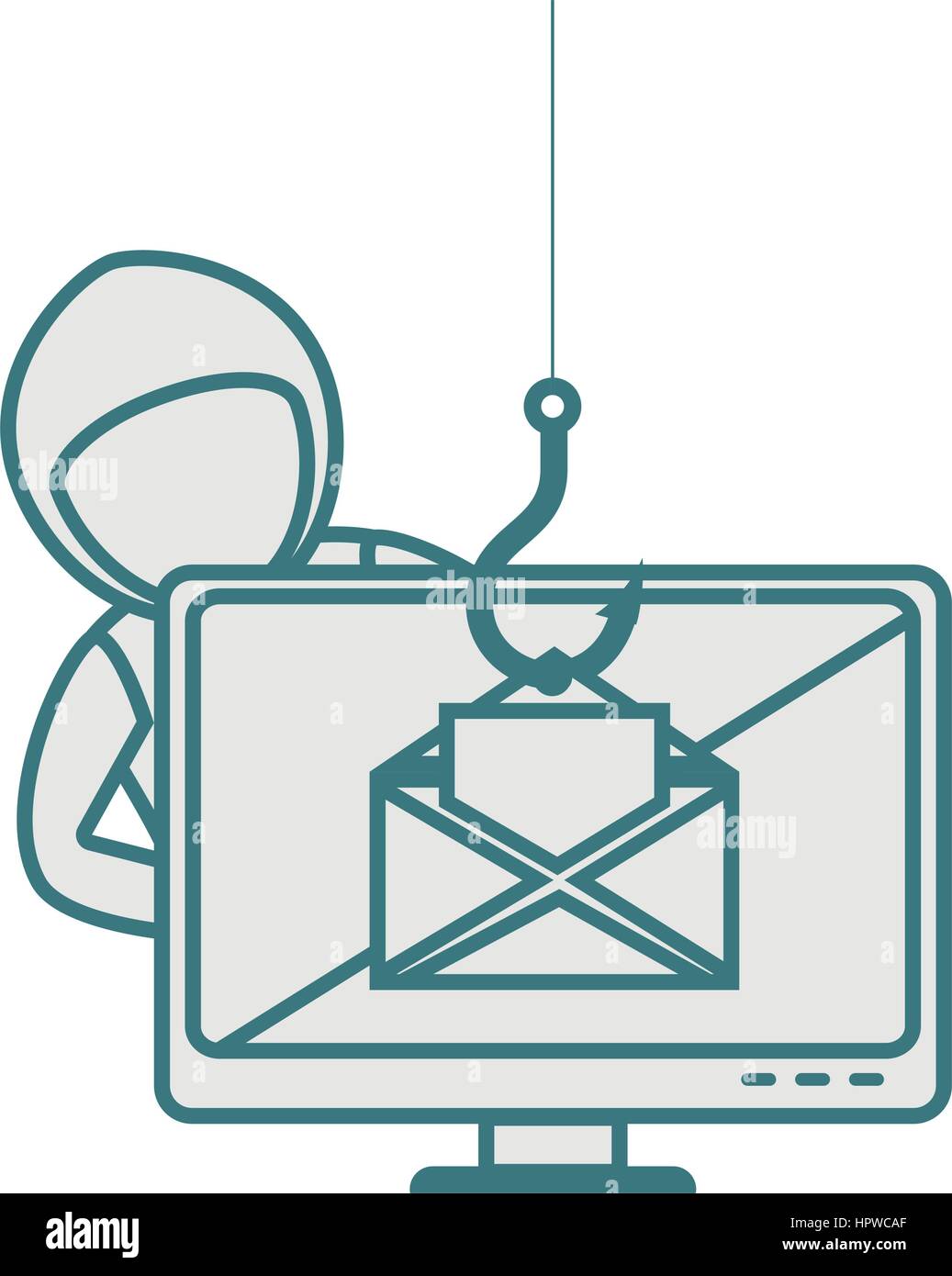 monochrome contour with hacker stealing mail information Stock Vector 