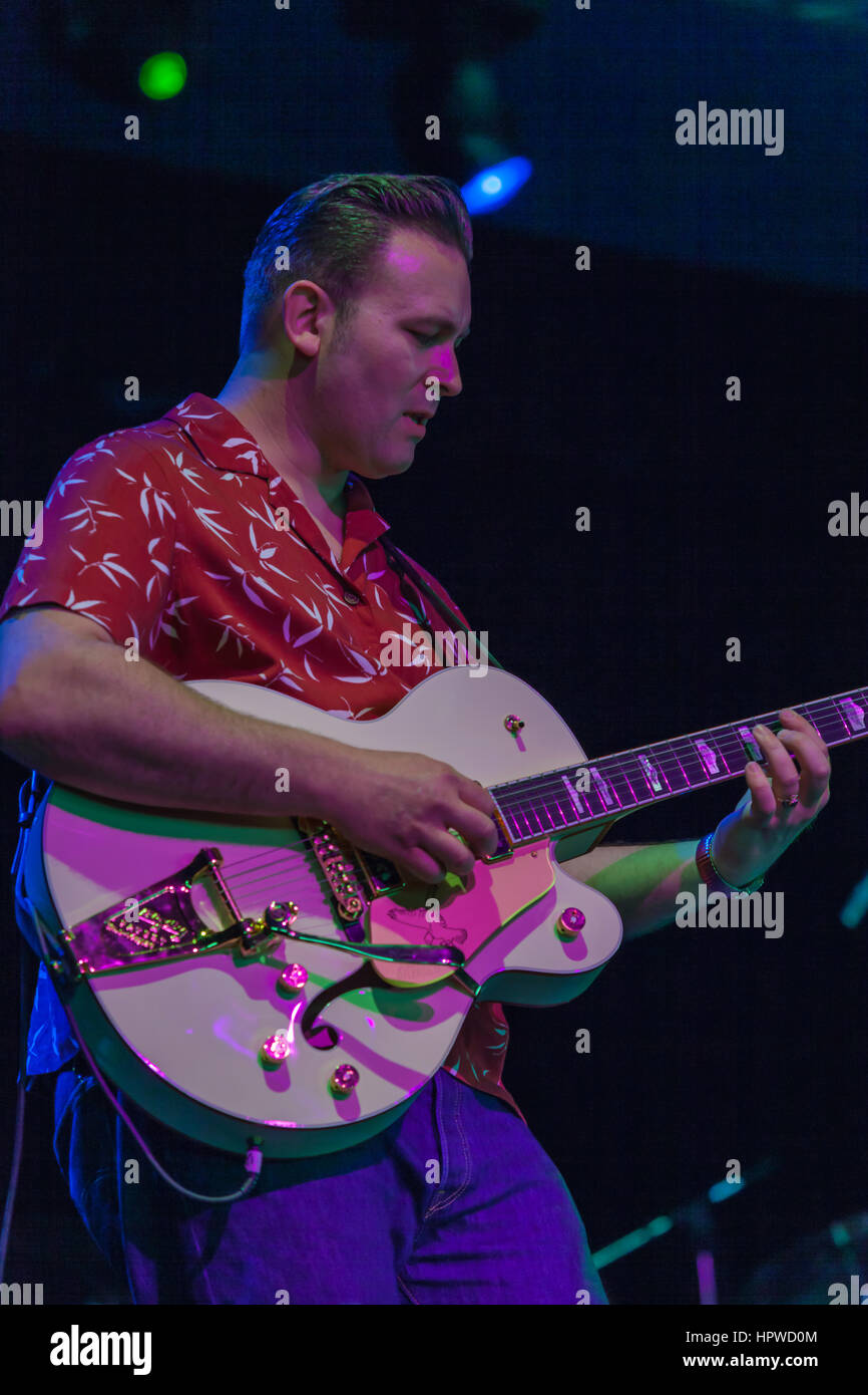 Darrel Higham, English musician, husband and lead guitarist with Imelda May performs at Bluesfest. Higham is known as a rockabilly guitarist. Stock Photo