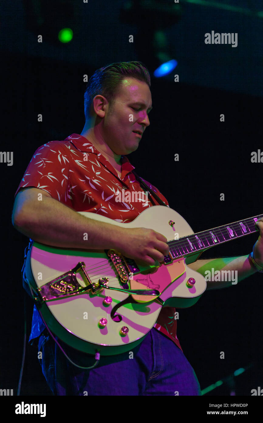 Darrel Higham, English musician, husband and lead guitarist with Imelda May performs at Bluesfest. Higham is known as a rockabilly guitarist. Stock Photo