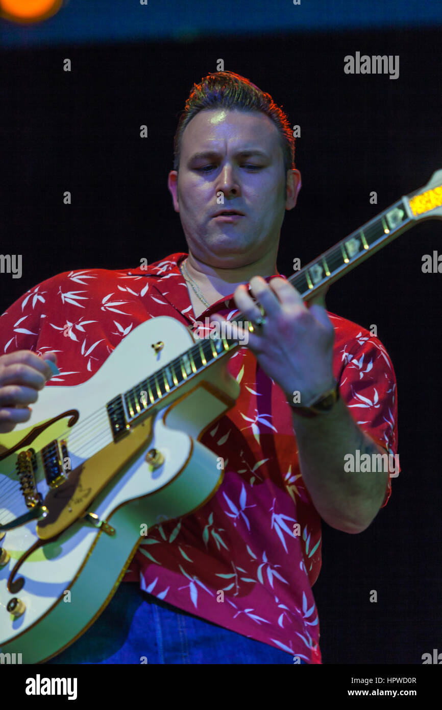 Darrel Higham, English musician, husband and lead guitarist with Imelda May performs at Bluesfest. Higham is known as a rockabilly guitarist. Stock Photo