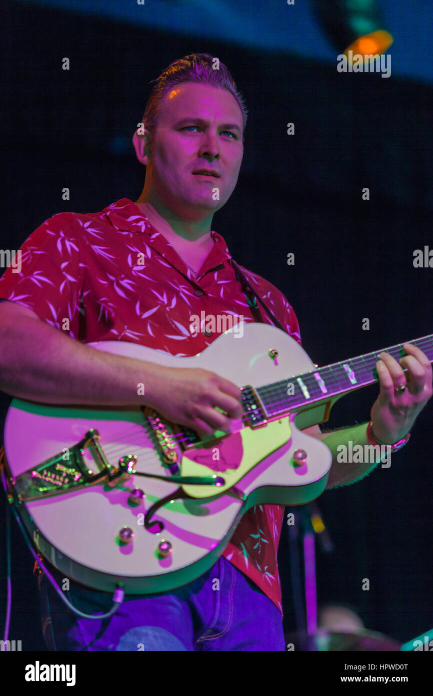 Darrel Higham, English musician, husband and lead guitarist with Imelda May performs at Bluesfest. Higham is known as a rockabilly guitarist. Stock Photo