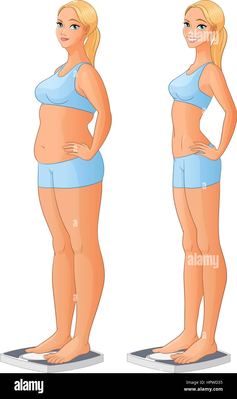 Woman on scale before and after weight loss. Vector illustration Stock Vector