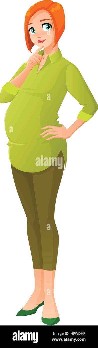 Beautiful pregnant redhead woman thinking. Vector illustration. Stock Vector
