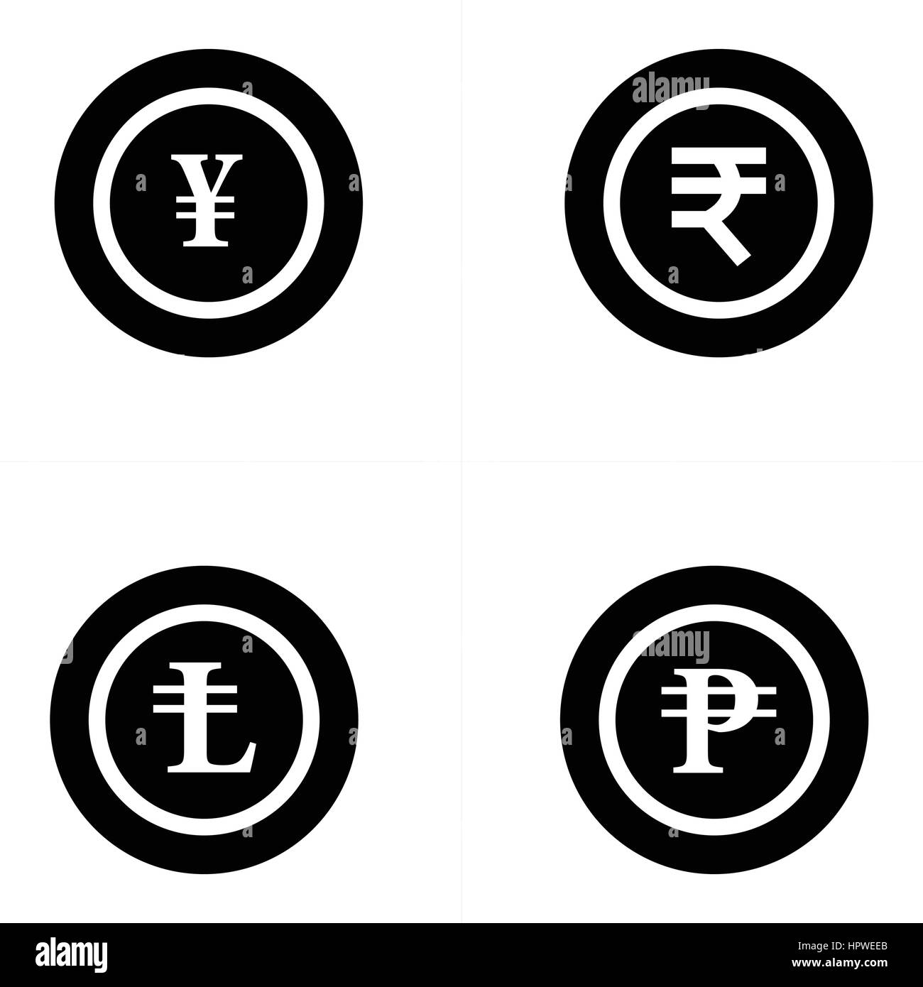 Coins Icons set, yens, Rupee, lira, ruble Stock Vector