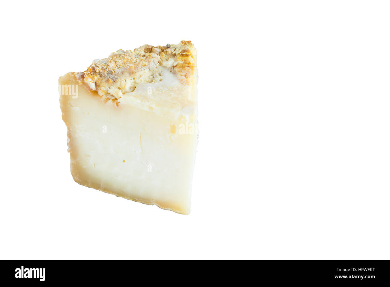 Slice of hard cheese, goat's milk., frost crust, treatment through special mold of the genus Penicillium, such as Penicillium camemberti. Typical soft Stock Photo