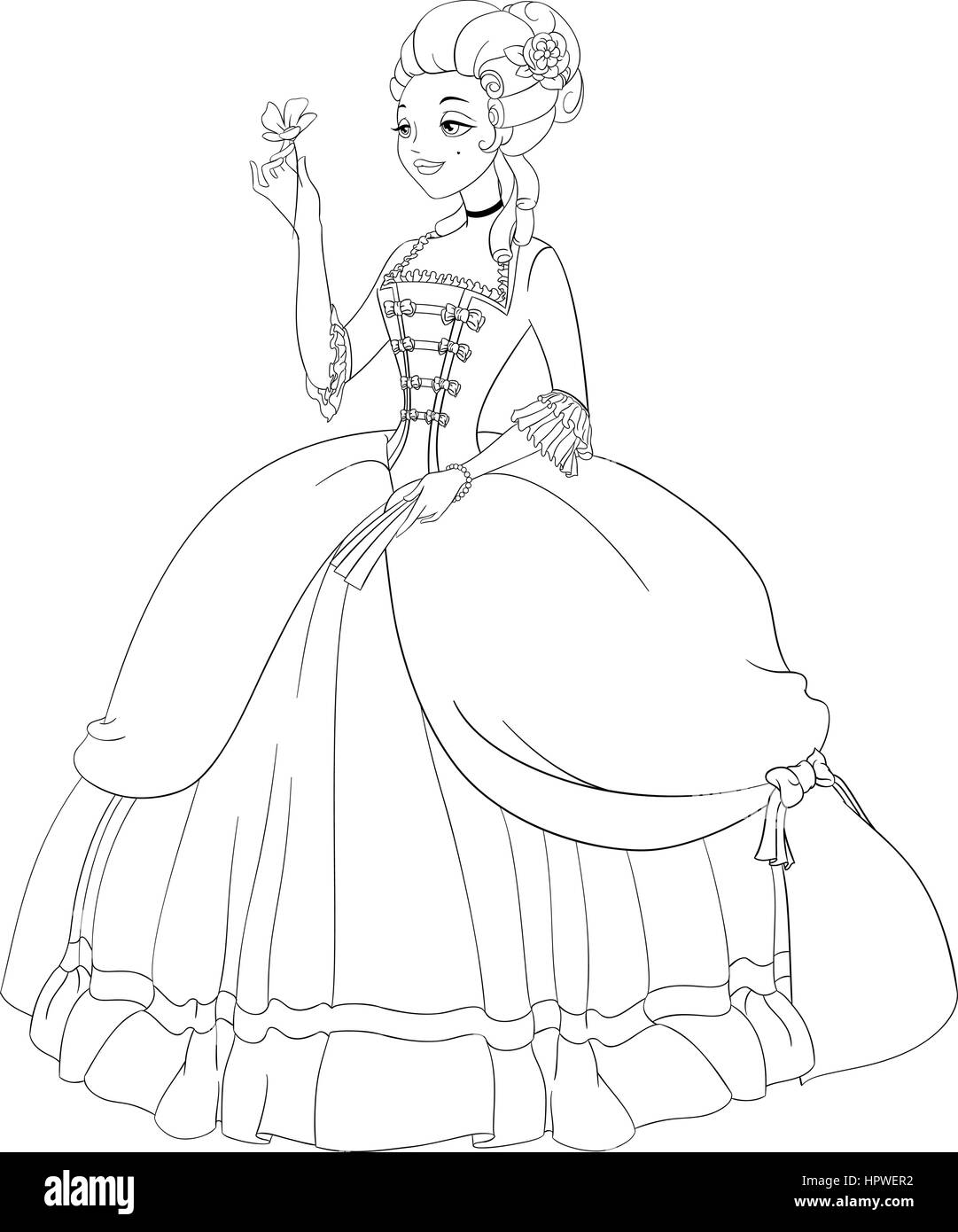 Outlined rococo lady in antique dress. Coloring page vector illustration. Stock Vector