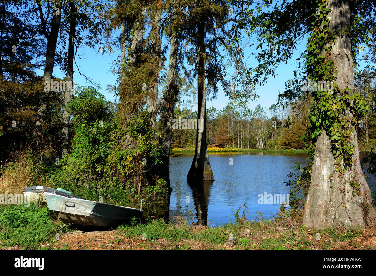 Two boats sit besides a slough in Northern Louisiana.  Wildflowers are in bloom at edge of water. Stock Photo