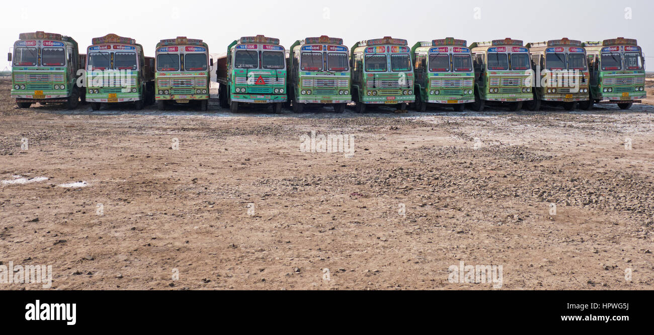 Fleet of trucks parked at a salt works. India has the second largest network of roads in the world Stock Photo